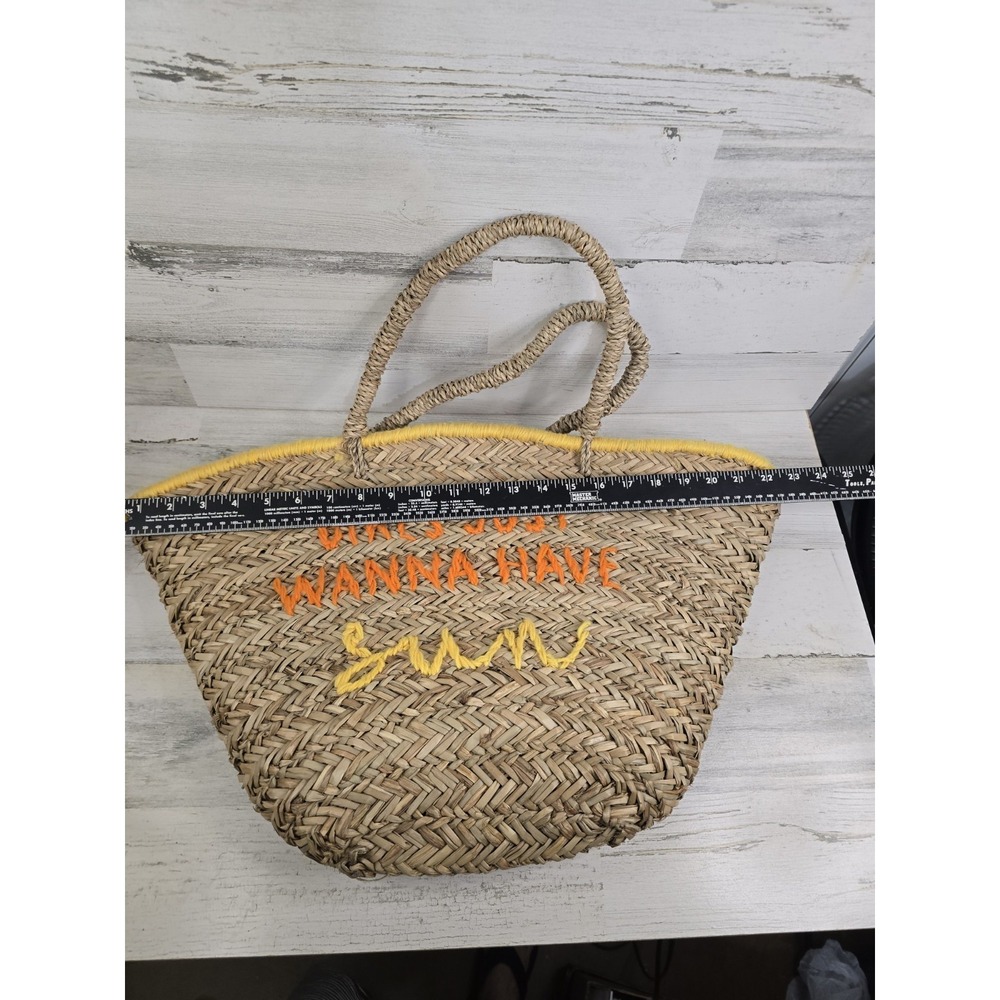 Girls Just Wanna Have Sun Straw Woven Tote Beach Market Bag Yellow Orange Trim - Picture 3 of 6